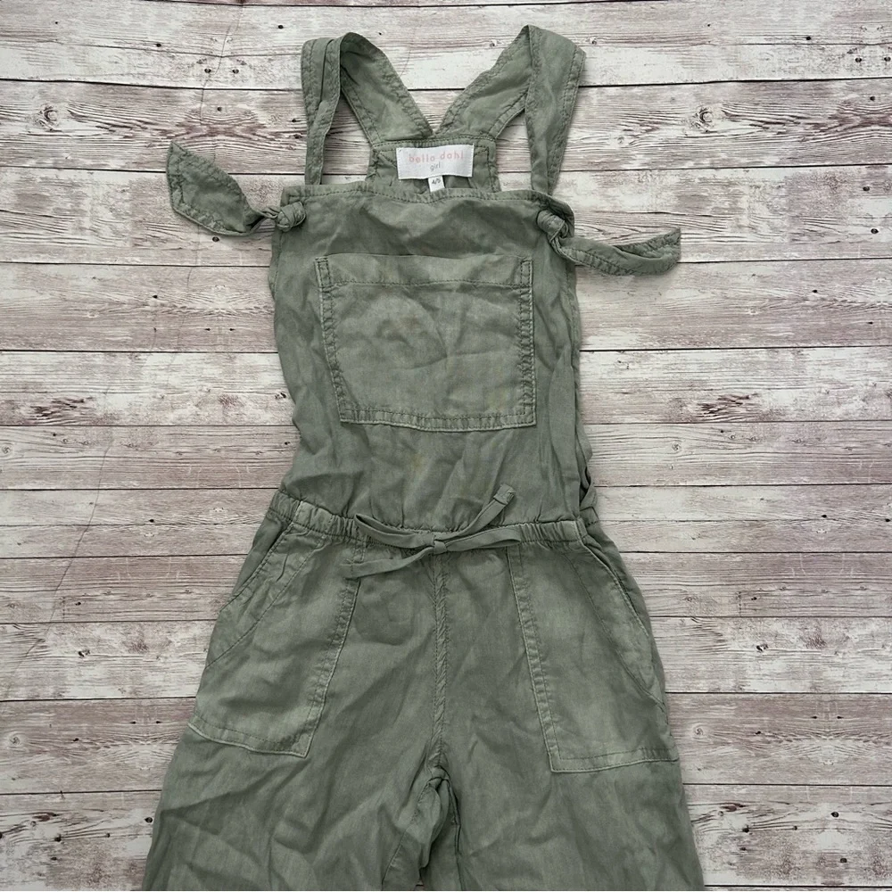 Bella Dahl Girls Knotted Olive Green Tencel Tie Waist Overalls - Picture 3 of 7